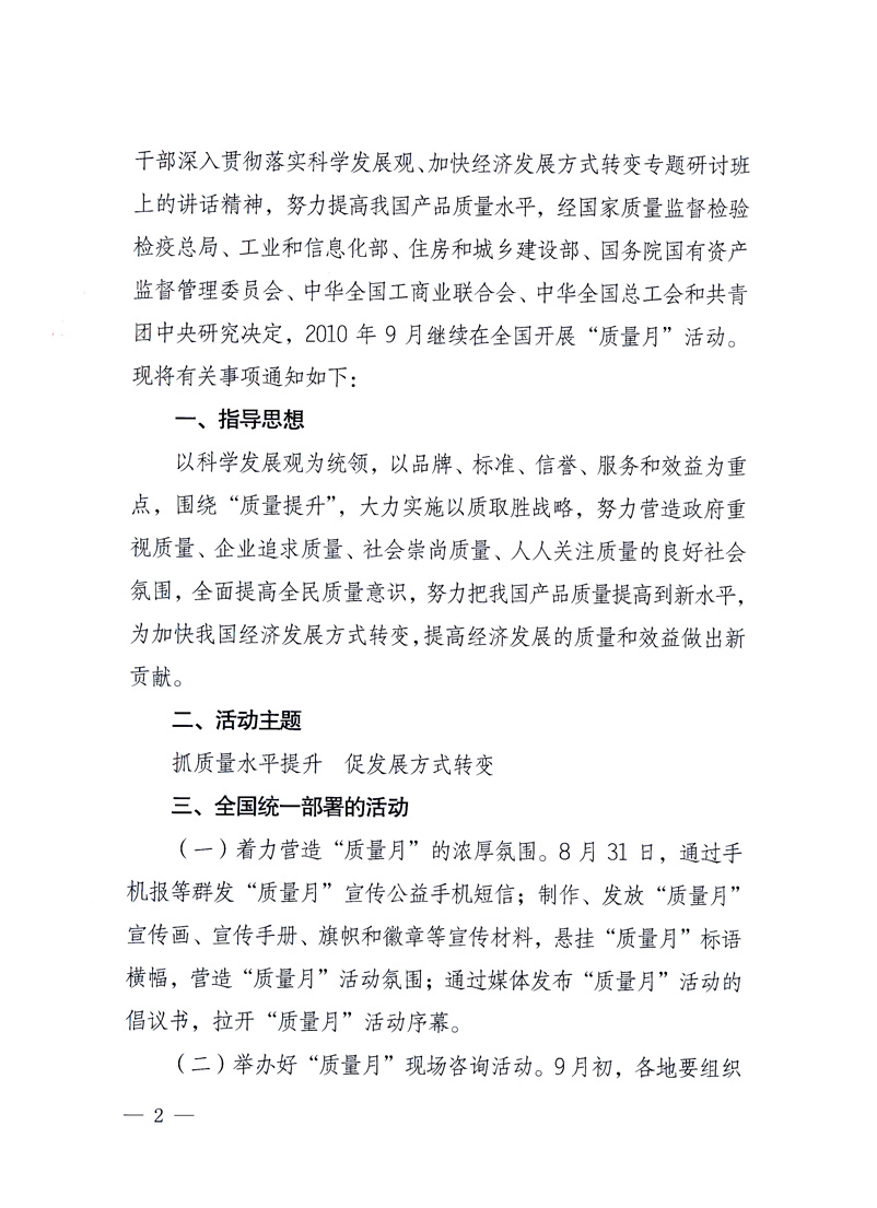 國家質(zhì)量監(jiān)督檢驗檢疫總局、工業(yè)和信息化部、住房和城鄉(xiāng)建設(shè)部、國務(wù)院國有資產(chǎn)監(jiān)督管理委員會、中華全國工商業(yè)聯(lián)合會、中華全國總工會、共青團中央《關(guān)于開展2010年全國“質(zhì)量月”活動的通知》