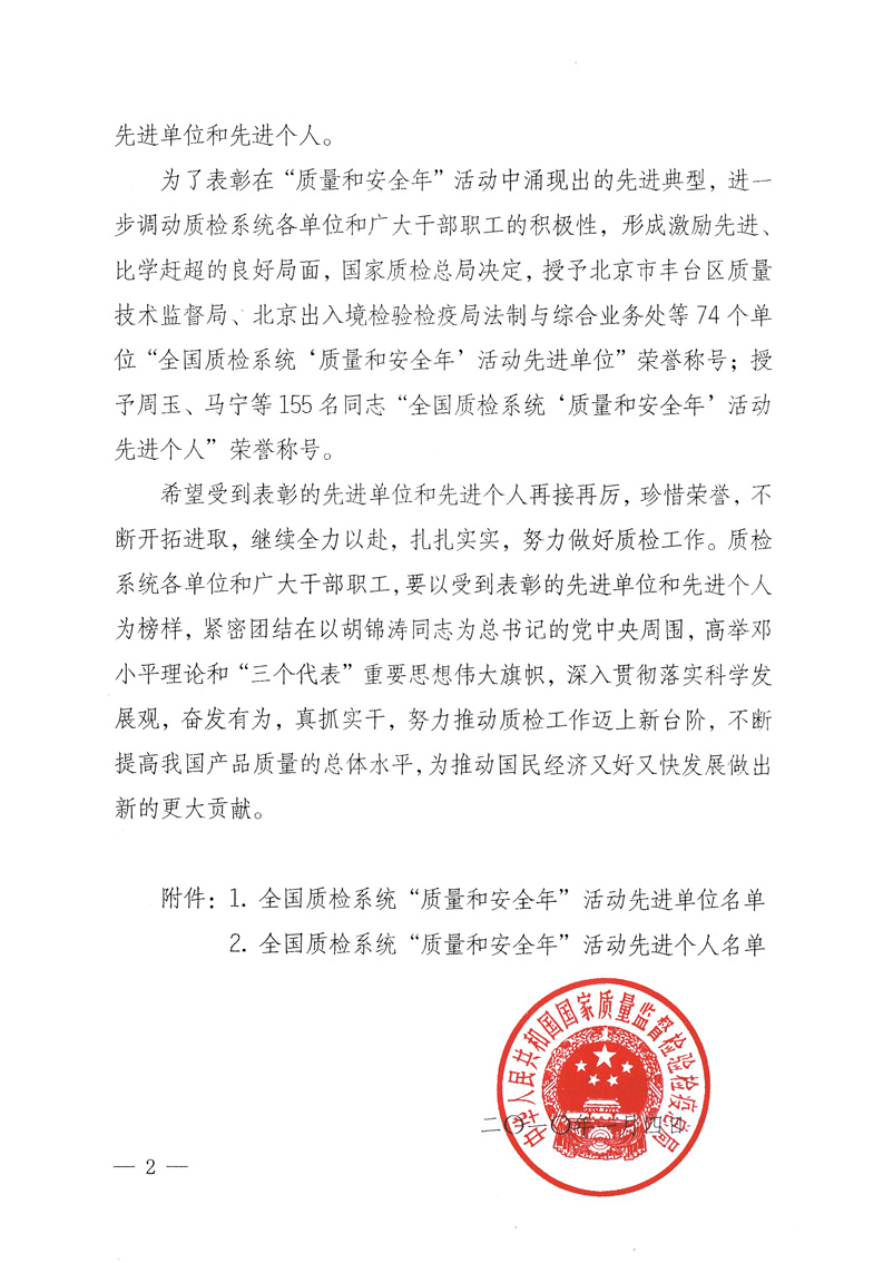 國家質(zhì)量監(jiān)督檢驗(yàn)檢疫總局《關(guān)于表彰全國質(zhì)檢系統(tǒng)“質(zhì)量和安全年”活動先進(jìn)單位和先進(jìn)個(gè)人的決定》